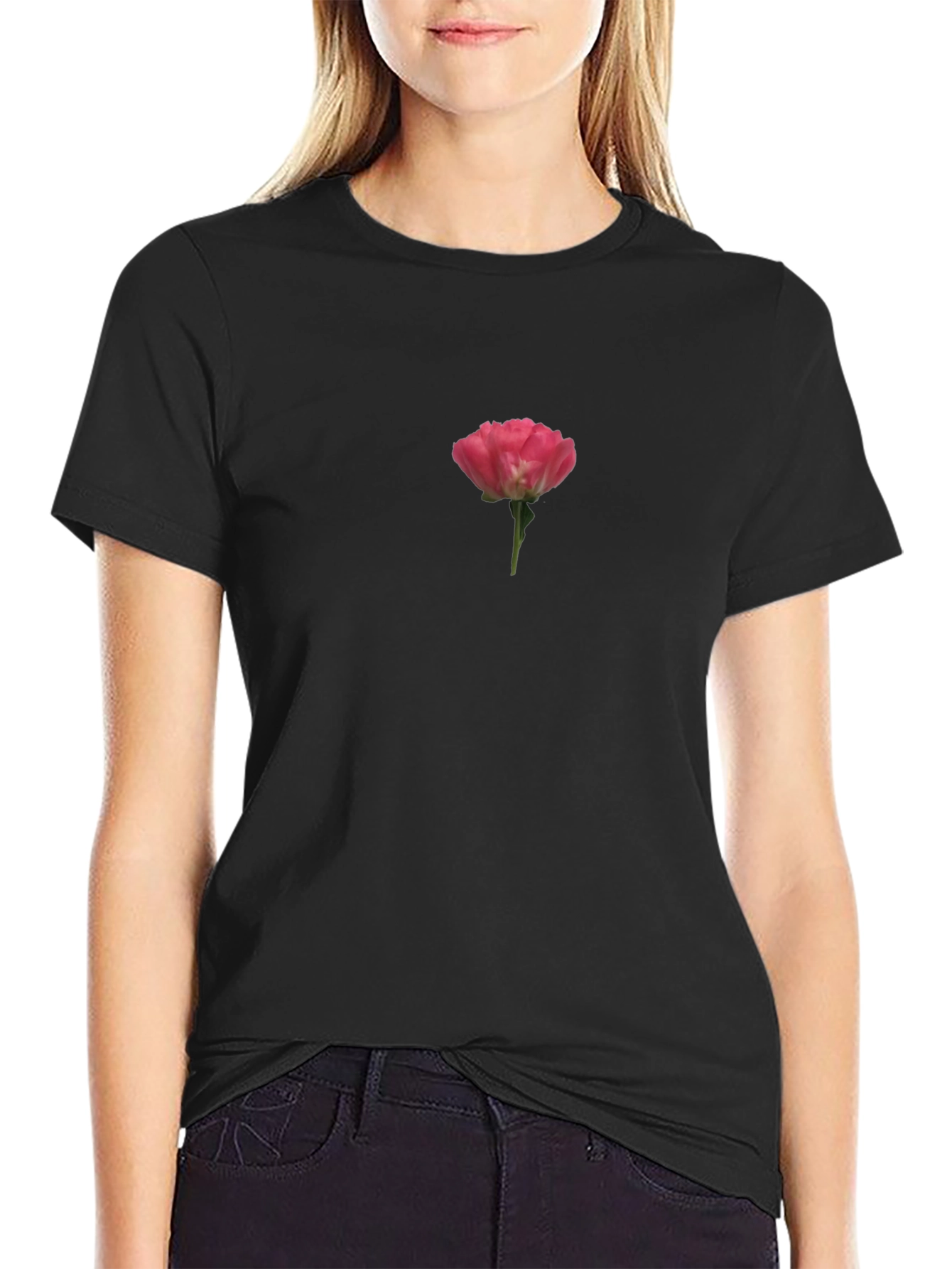 Minimalist Rose Tee - Soft Black Cotton