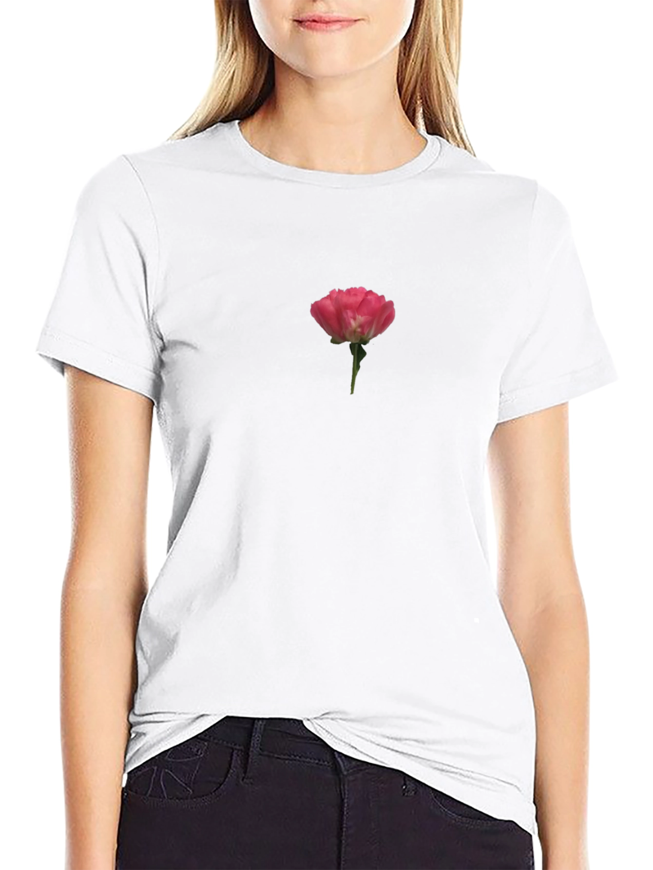 Minimalist Rose Tee - Soft Black Cotton