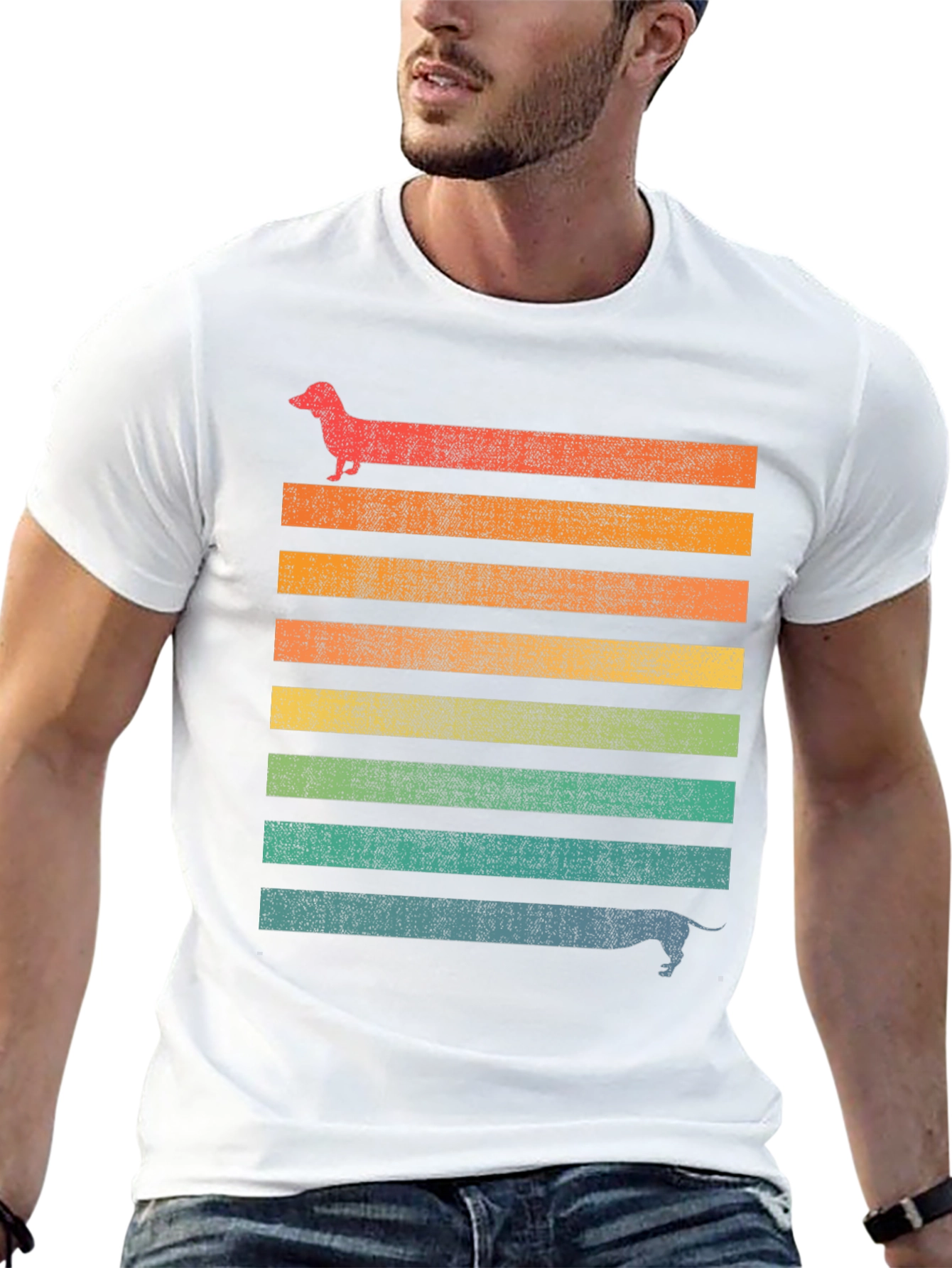 Retro Dachshund Striped Graphic T-Shirt