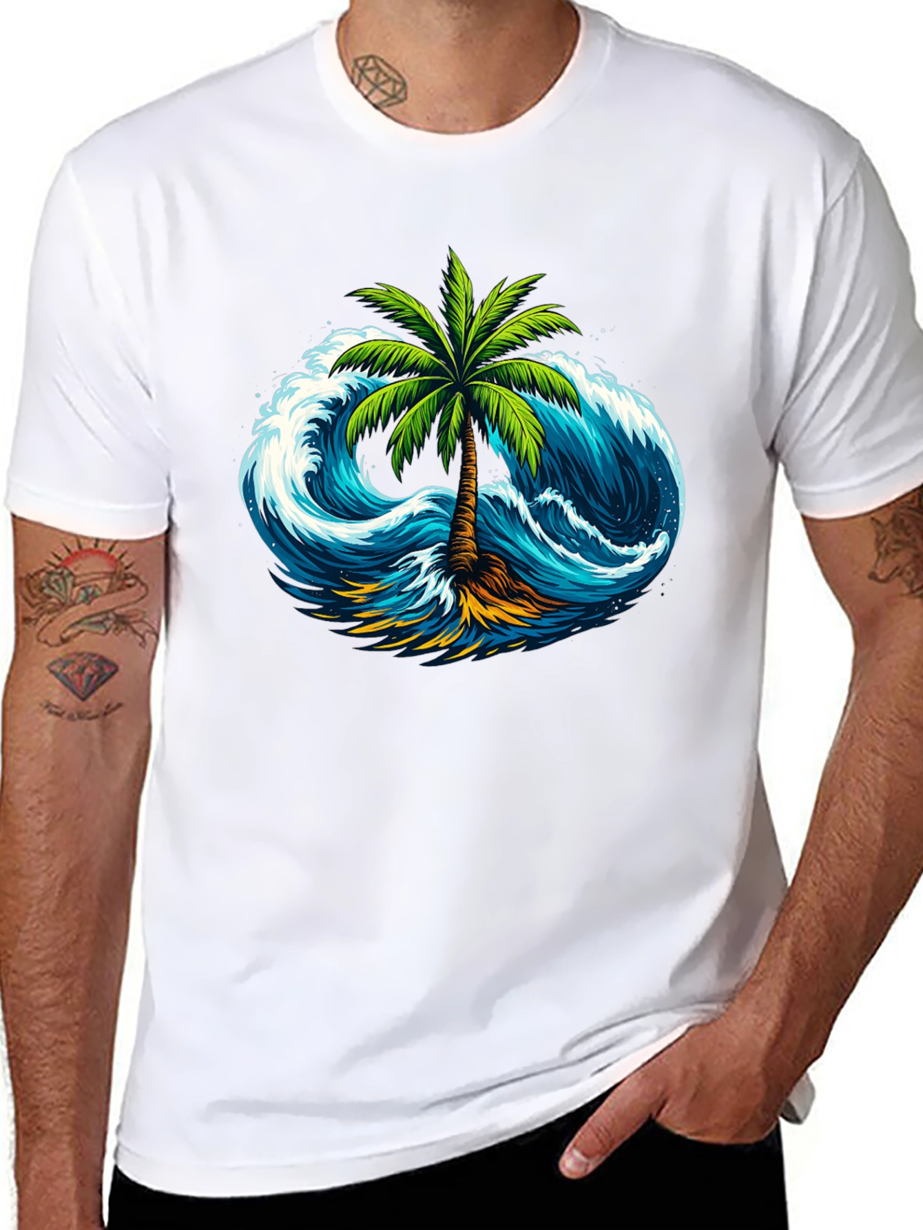 Tropical Wave Palm Tee - Black Cotton Shirt