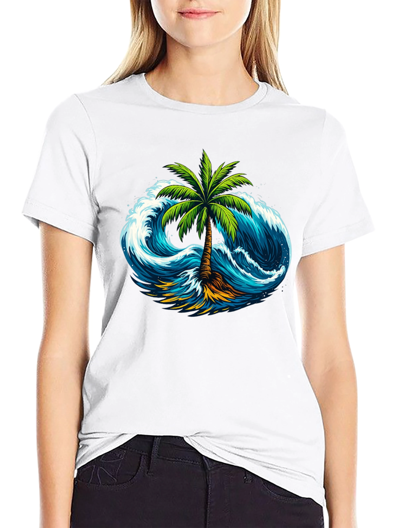 Tropical Wave Palm Tee - Black Cotton Shirt