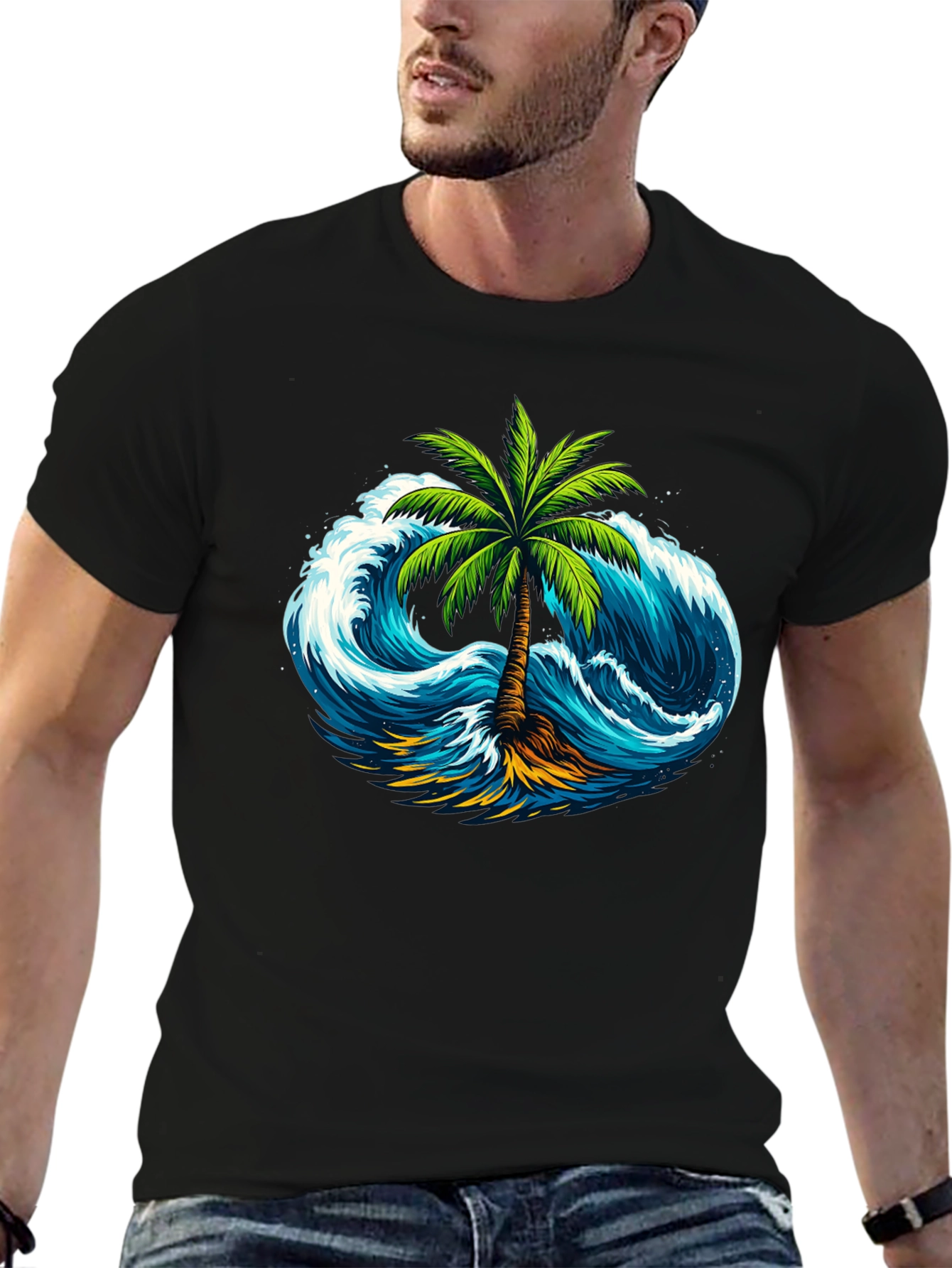 Tropical Wave Palm Tee - Black Cotton Shirt