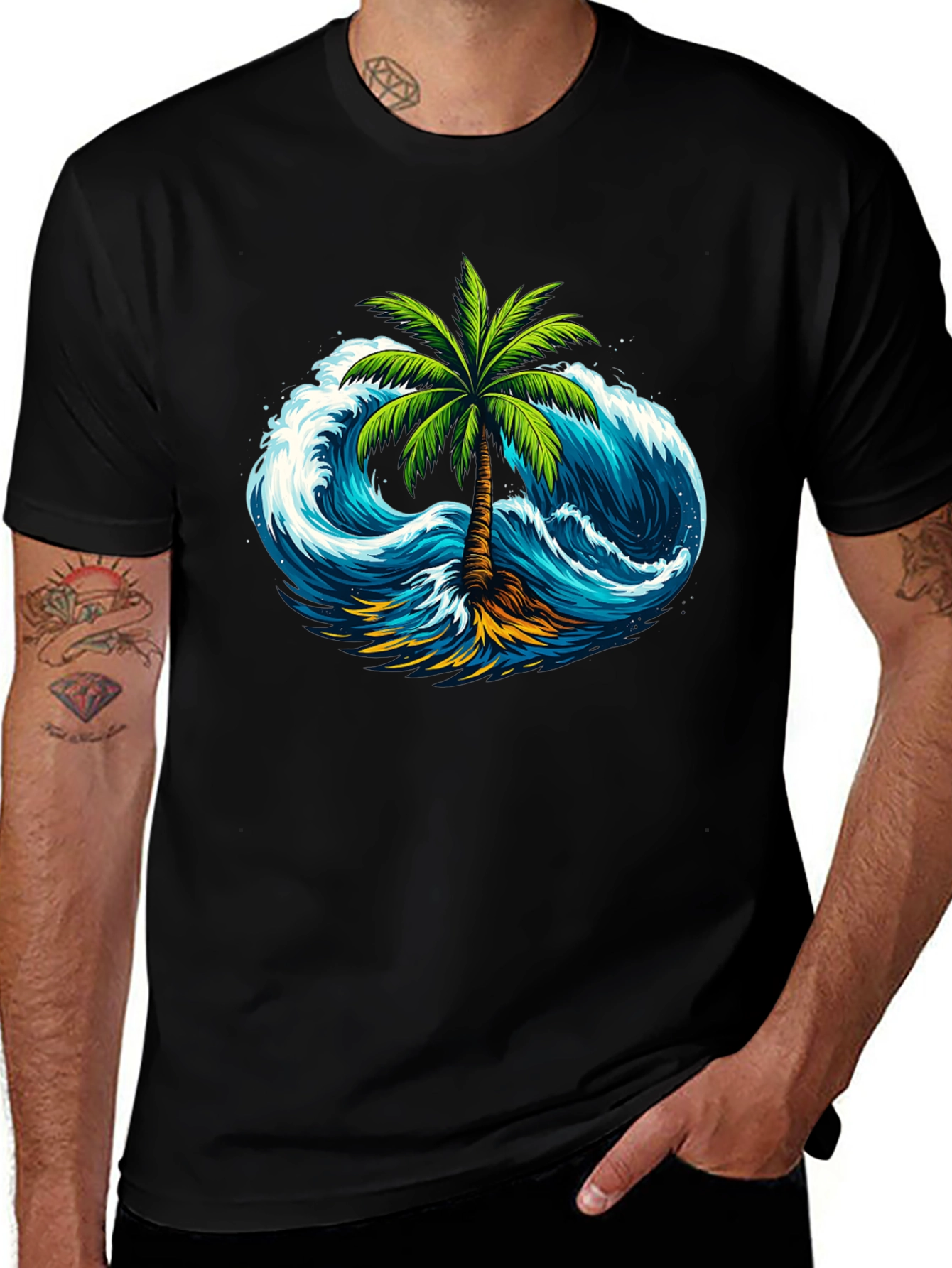 Tropical Wave Palm Tee - Black Cotton Shirt