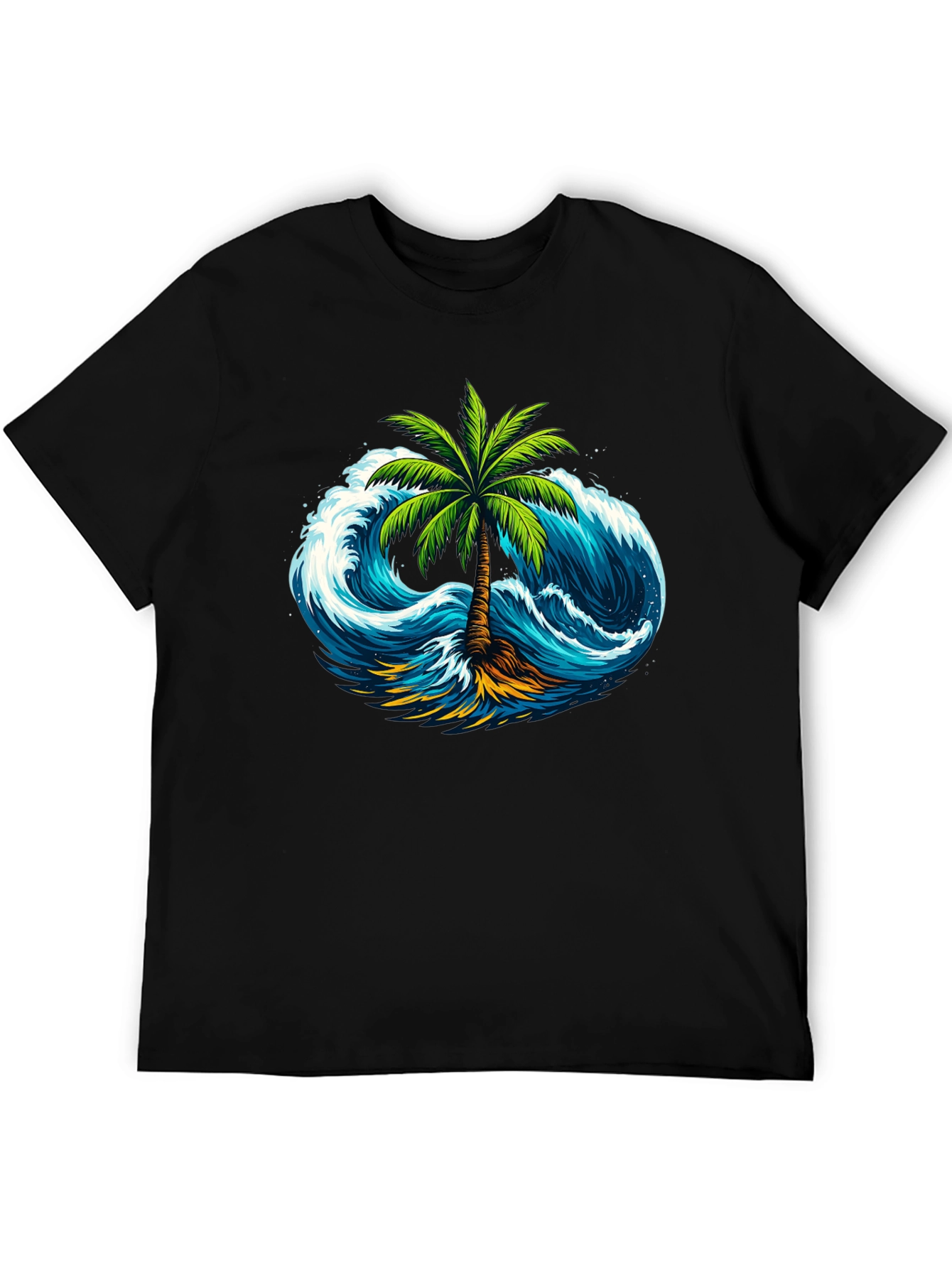 Tropical Wave Palm Tee - Black Cotton Shirt