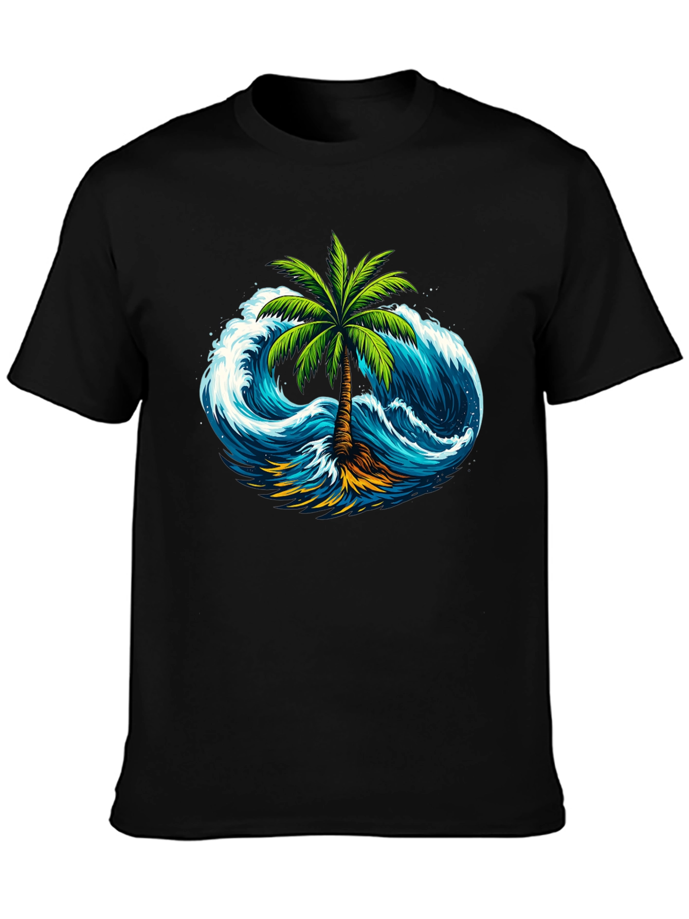Tropical Wave Palm Tee - Black Cotton Shirt