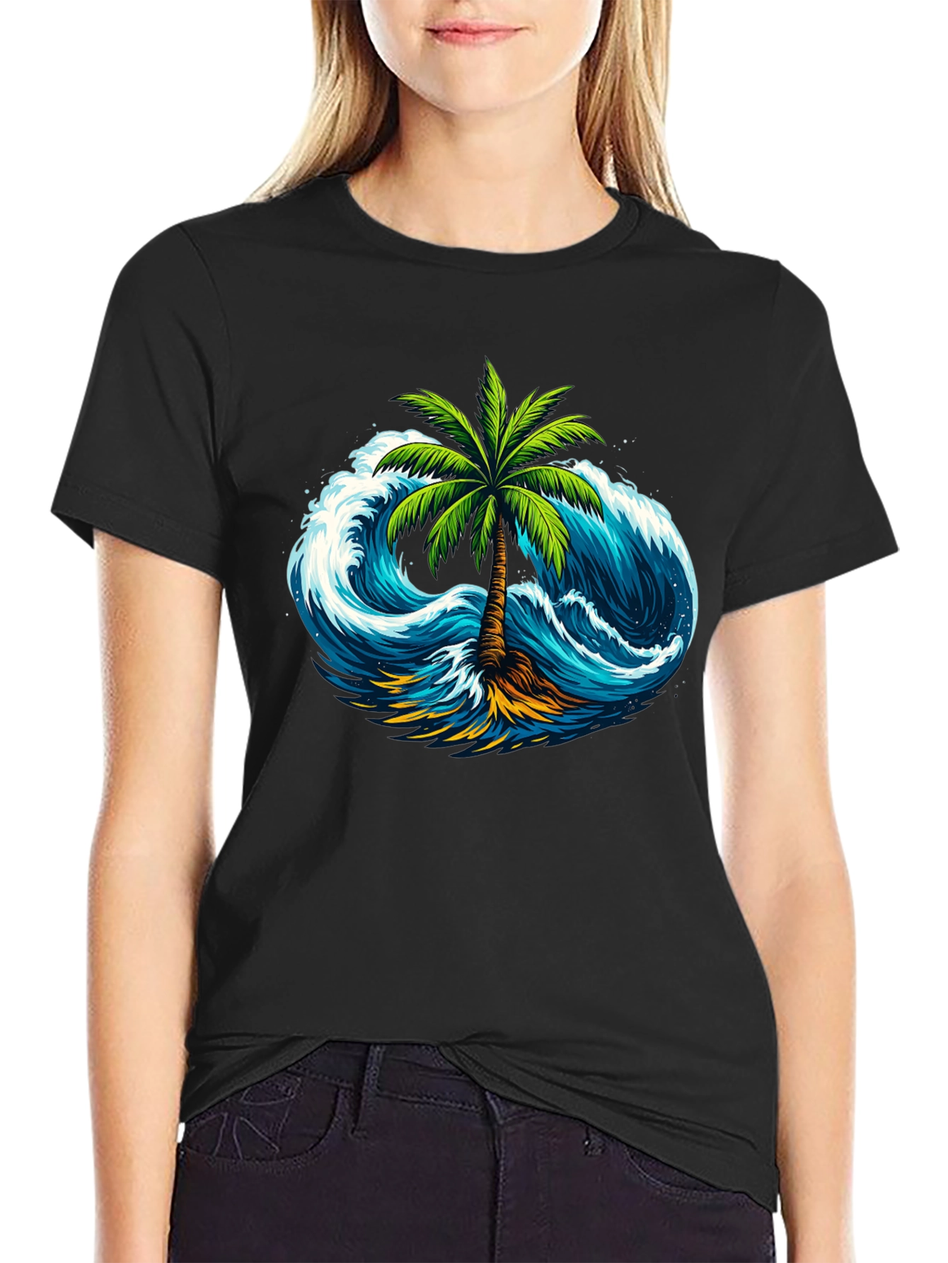 Tropical Wave Palm Tee - Black Cotton Shirt