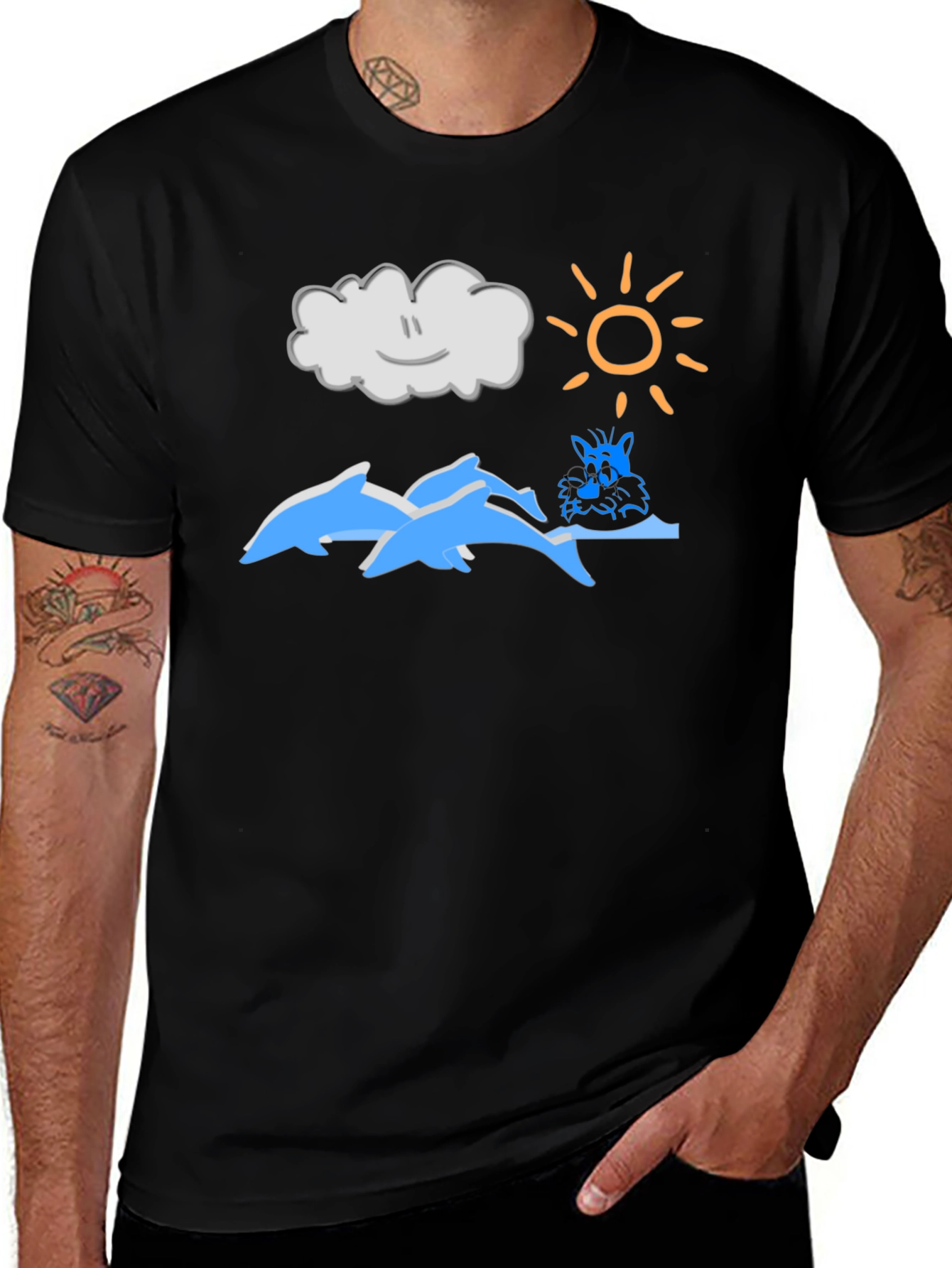 Cartoon Dolphins Black T-Shirt