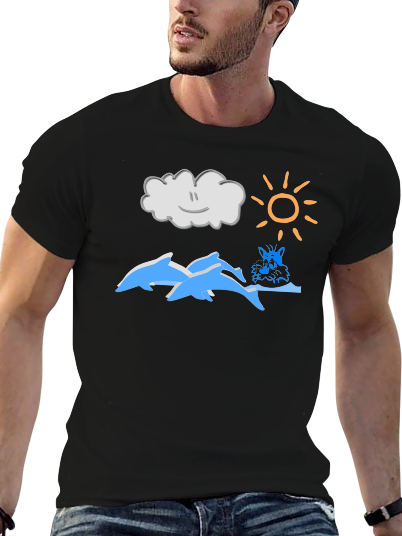 Cartoon Dolphins Black T-Shirt
