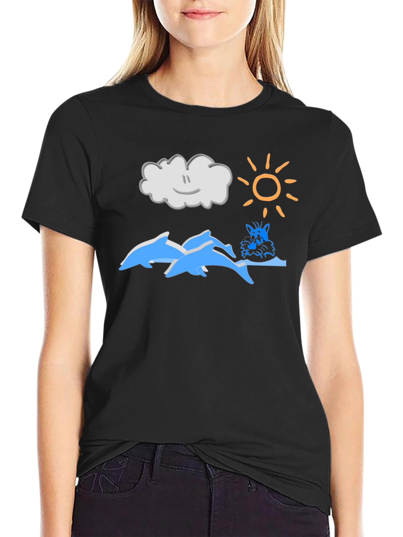 Cartoon Dolphins Black T-Shirt
