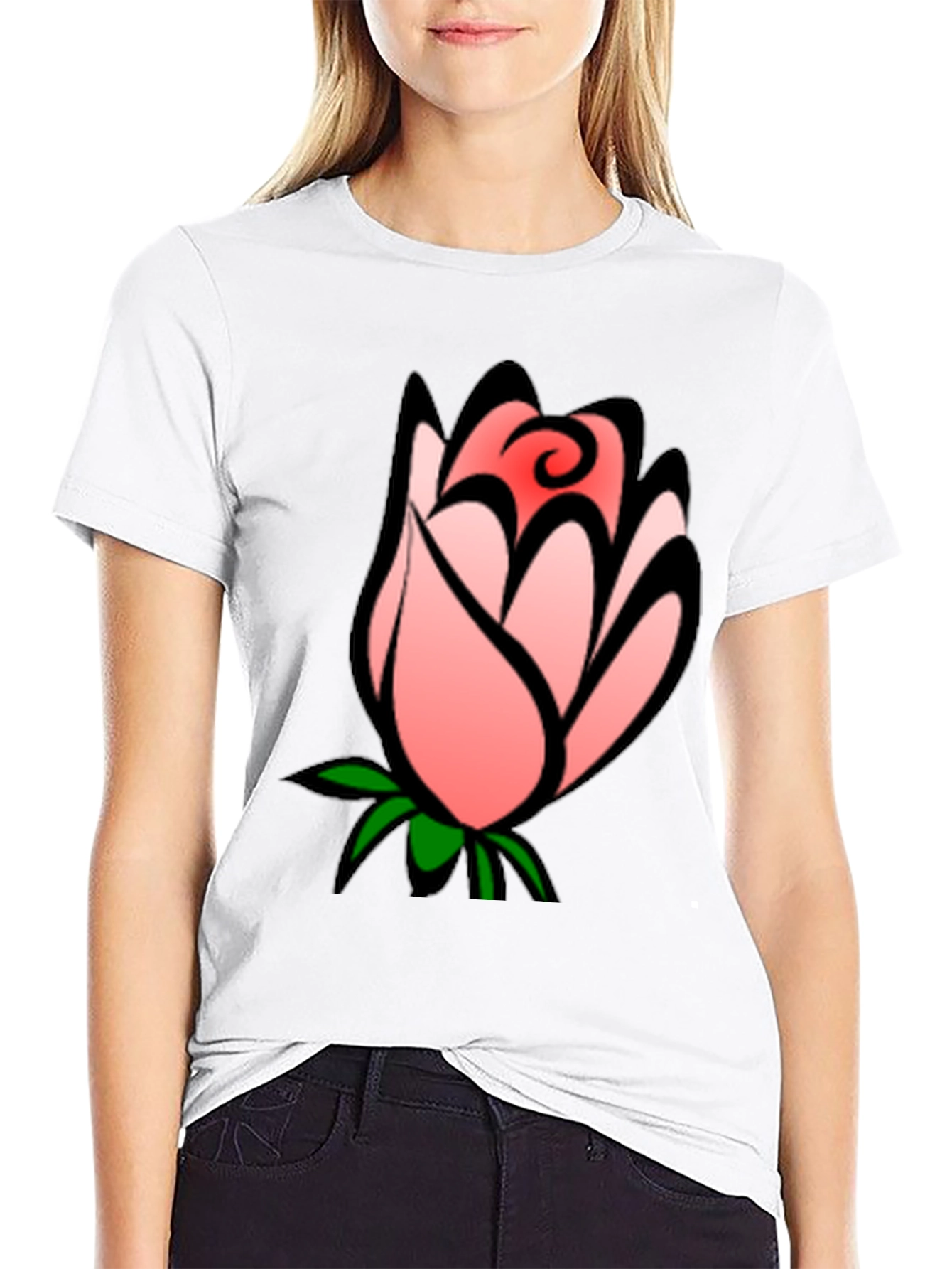 Floral Rose Bud Graphic Black T-Shirt