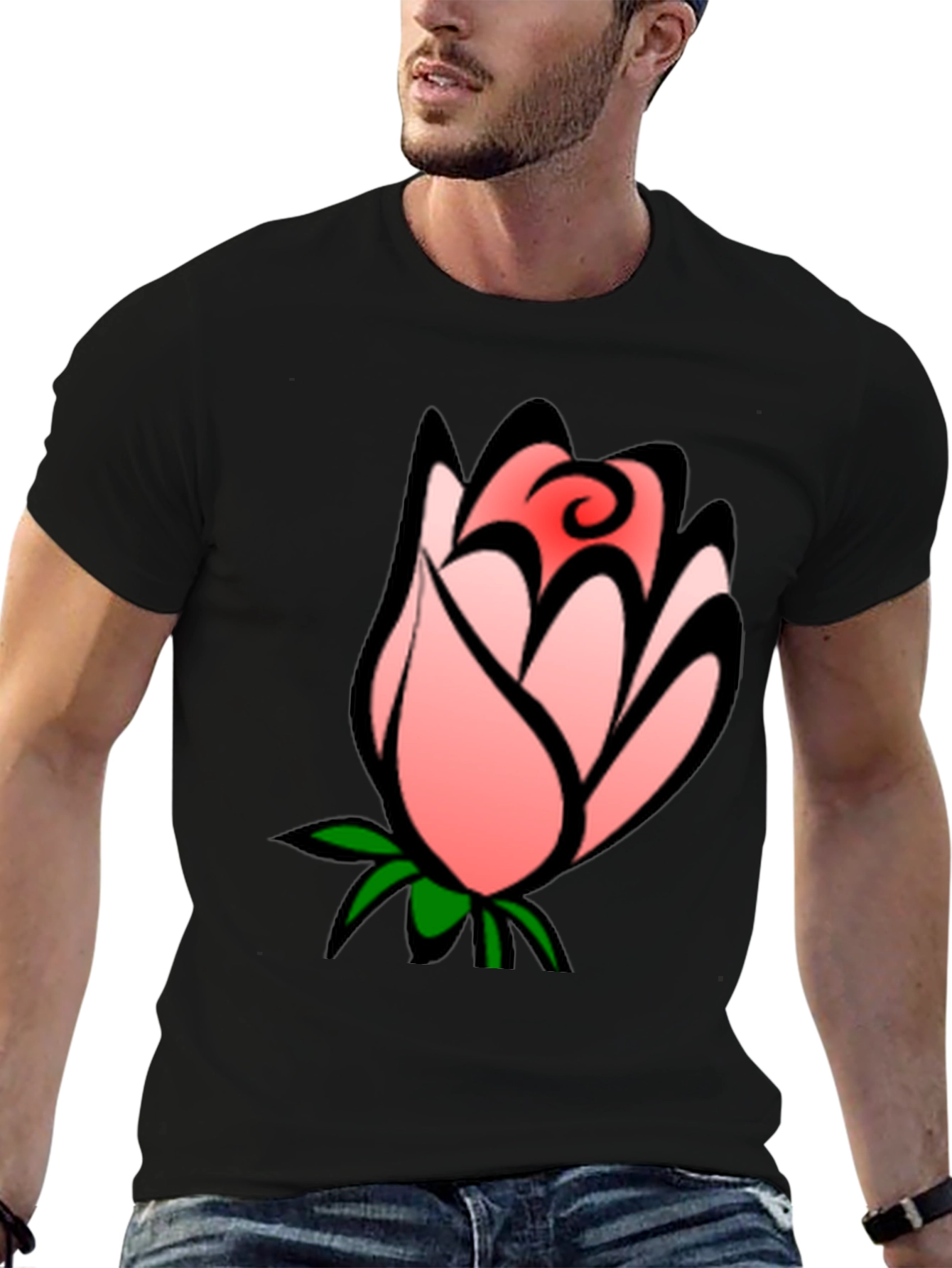 Floral Rose Bud Graphic Black T-Shirt