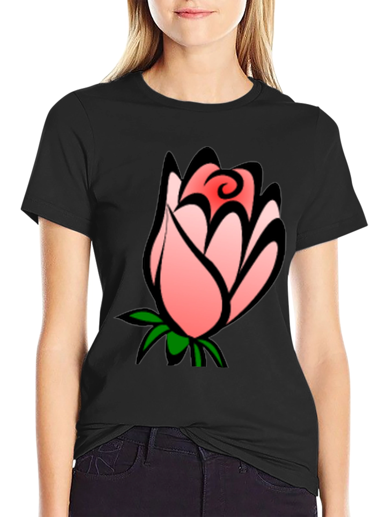 Floral Rose Bud Graphic Black T-Shirt