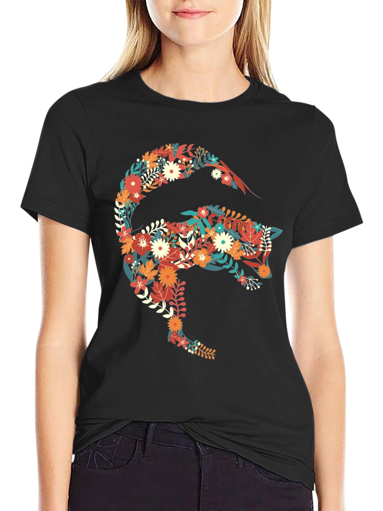 Floral Fox Graphic Print Black T-Shirt
