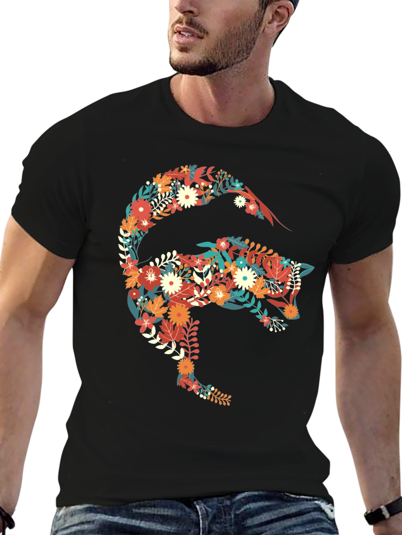 Floral Fox Graphic Print Black T-Shirt