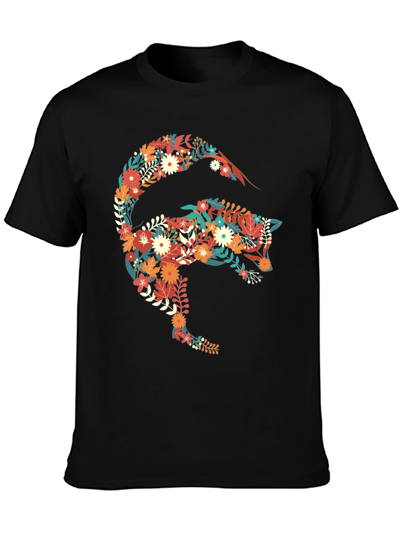Floral Fox Graphic Print Black T-Shirt