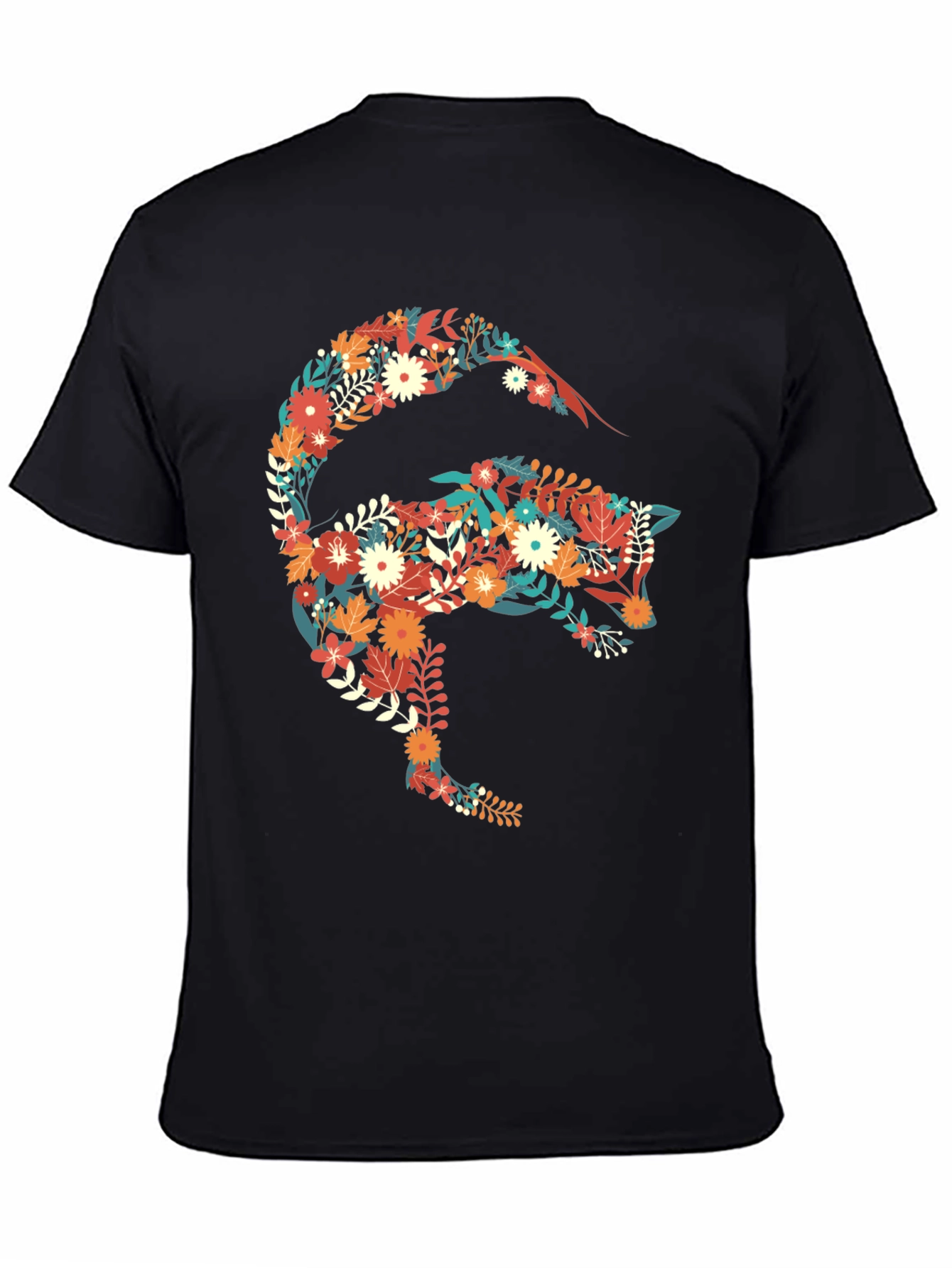 Floral Fox Graphic Print Black T-Shirt