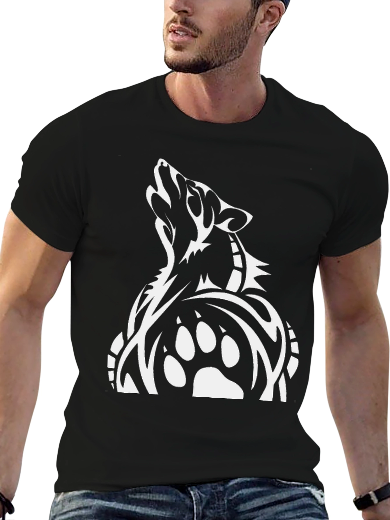 Wolf Paw Print Graphic Tee - Black Cotton T-Shirt