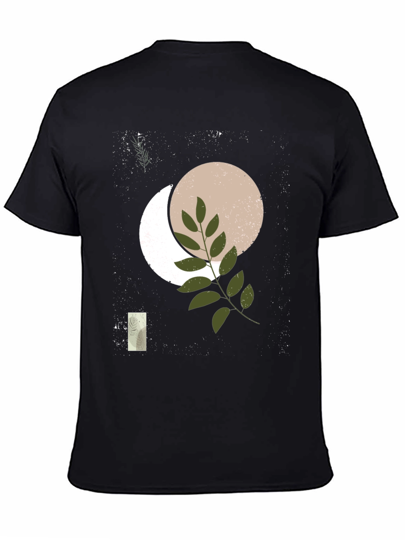 Abstract Moon & Botanical Print Black T-Shirt