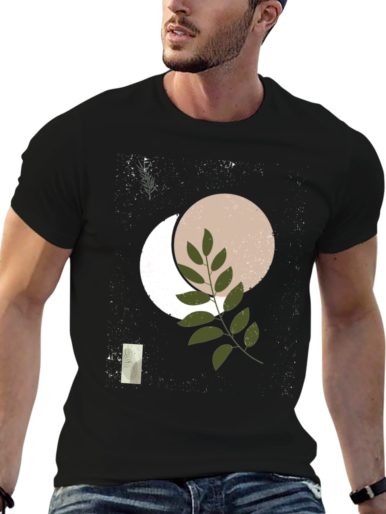 Abstract Moon & Botanical Print Black T-Shirt