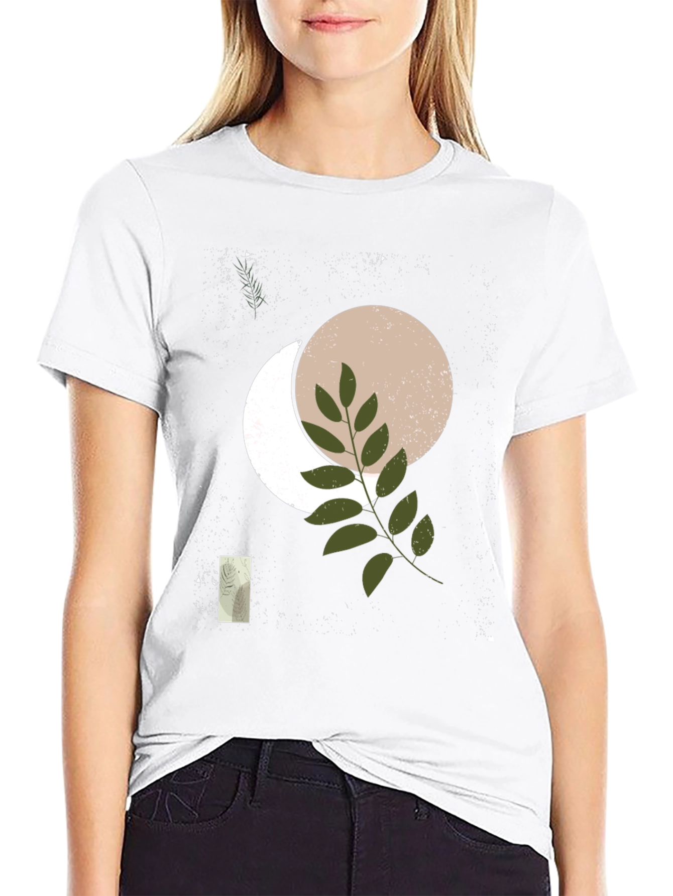 Abstract Moon & Botanical Print Black T-Shirt