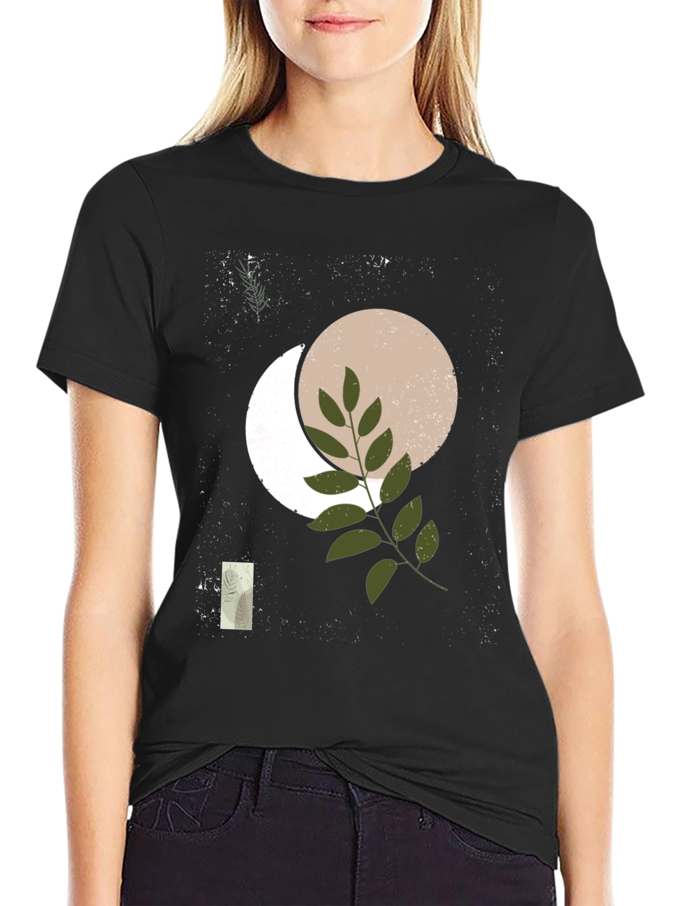 Abstract Moon & Botanical Print Black T-Shirt
