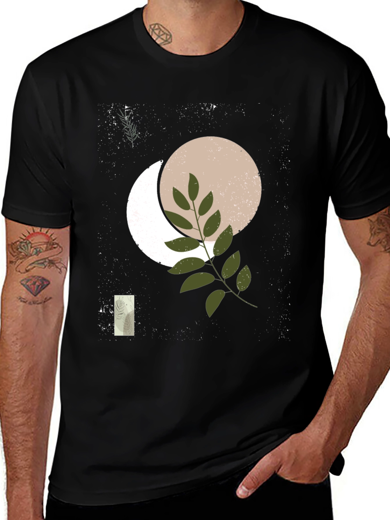 Abstract Moon & Botanical Print Black T-Shirt