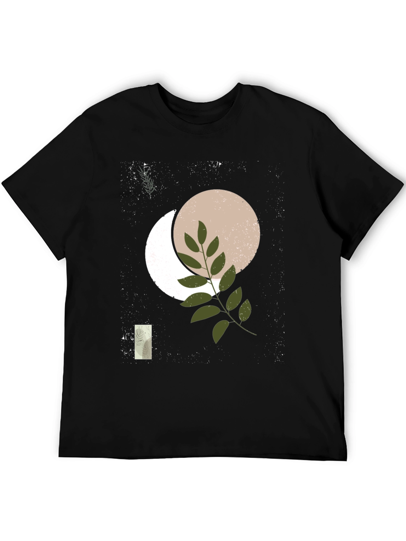 Abstract Moon & Botanical Print Black T-Shirt