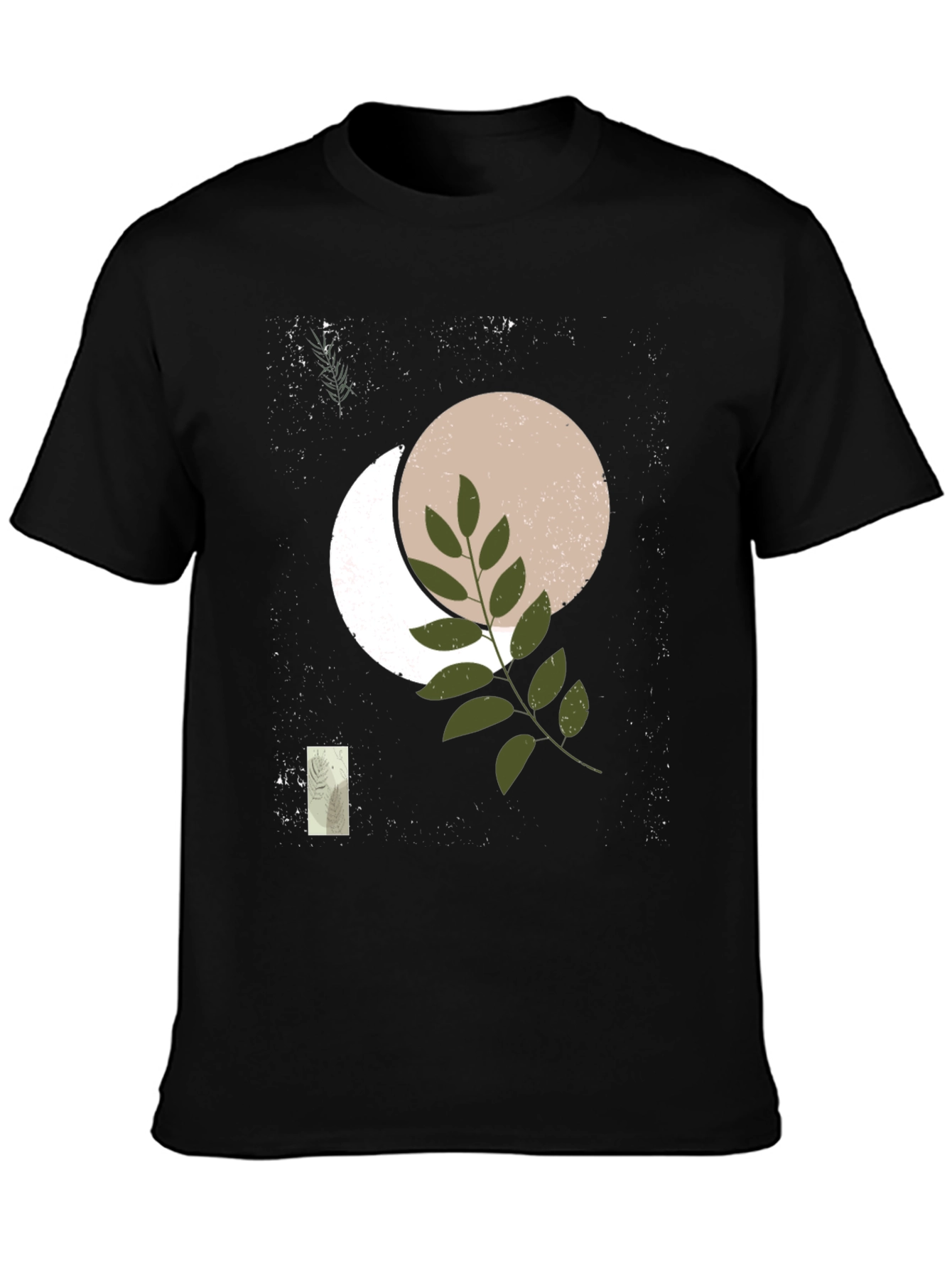 Abstract Moon & Botanical Print Black T-Shirt