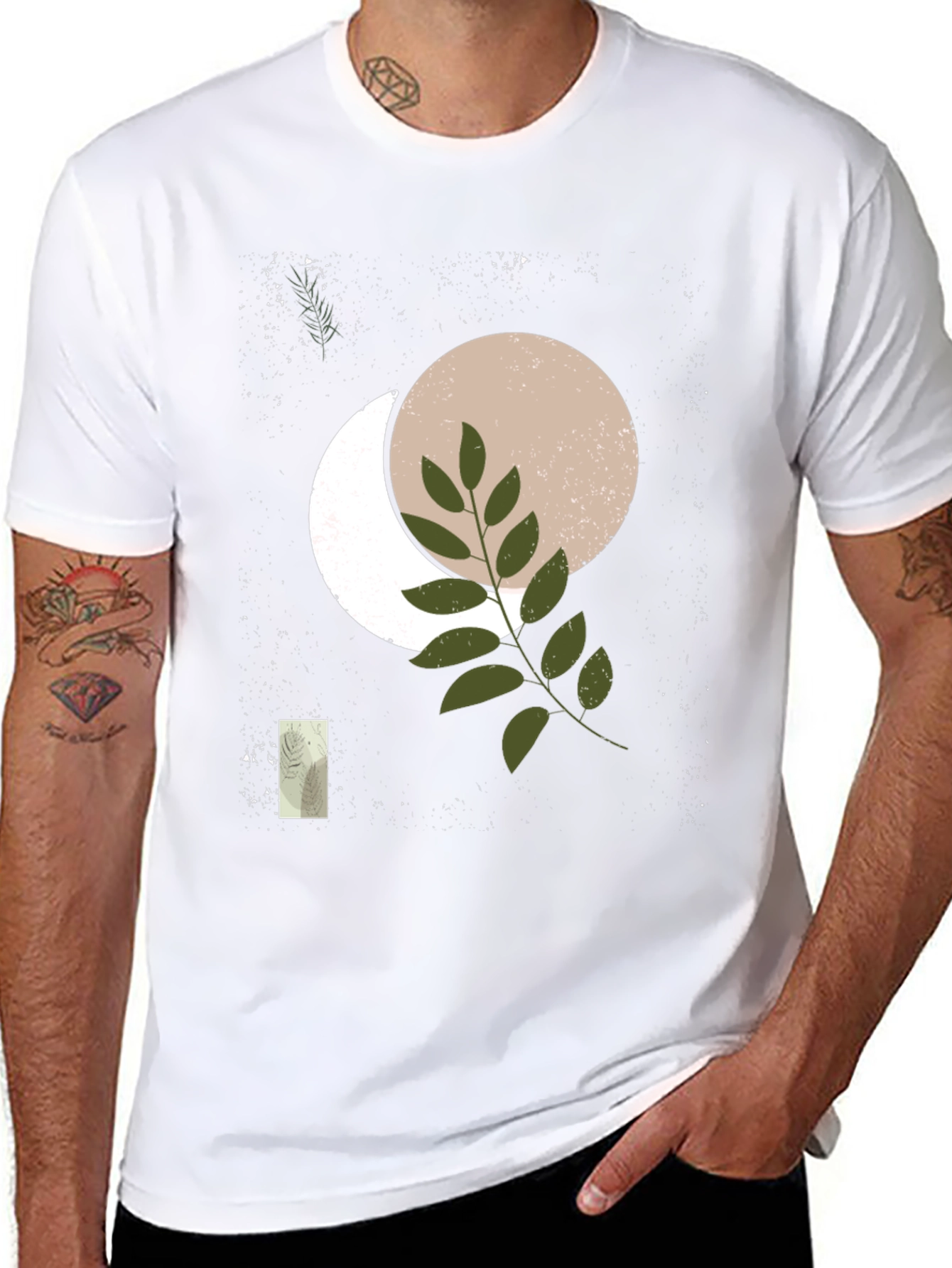 Abstract Moon & Botanical Print Black T-Shirt