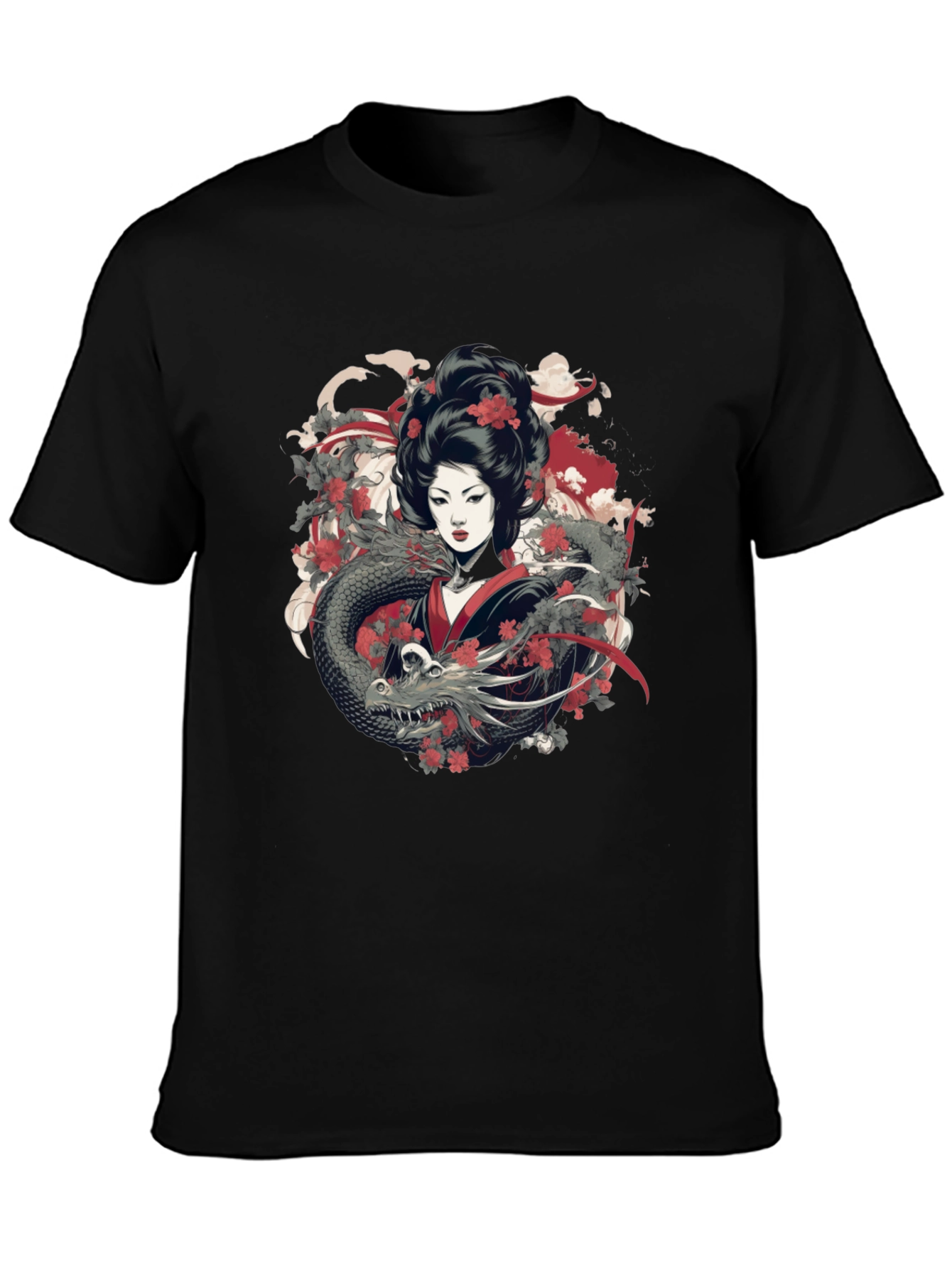 Geisha Dragon Graphic Tee - Mens Black T-Shirt