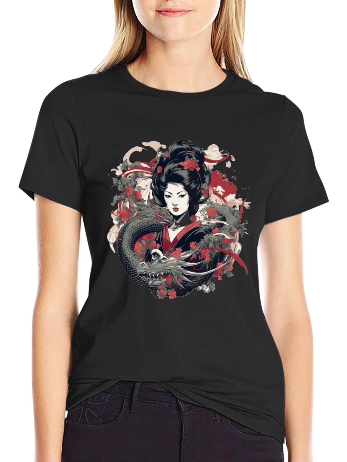 Geisha Dragon Graphic Tee - Mens Black T-Shirt