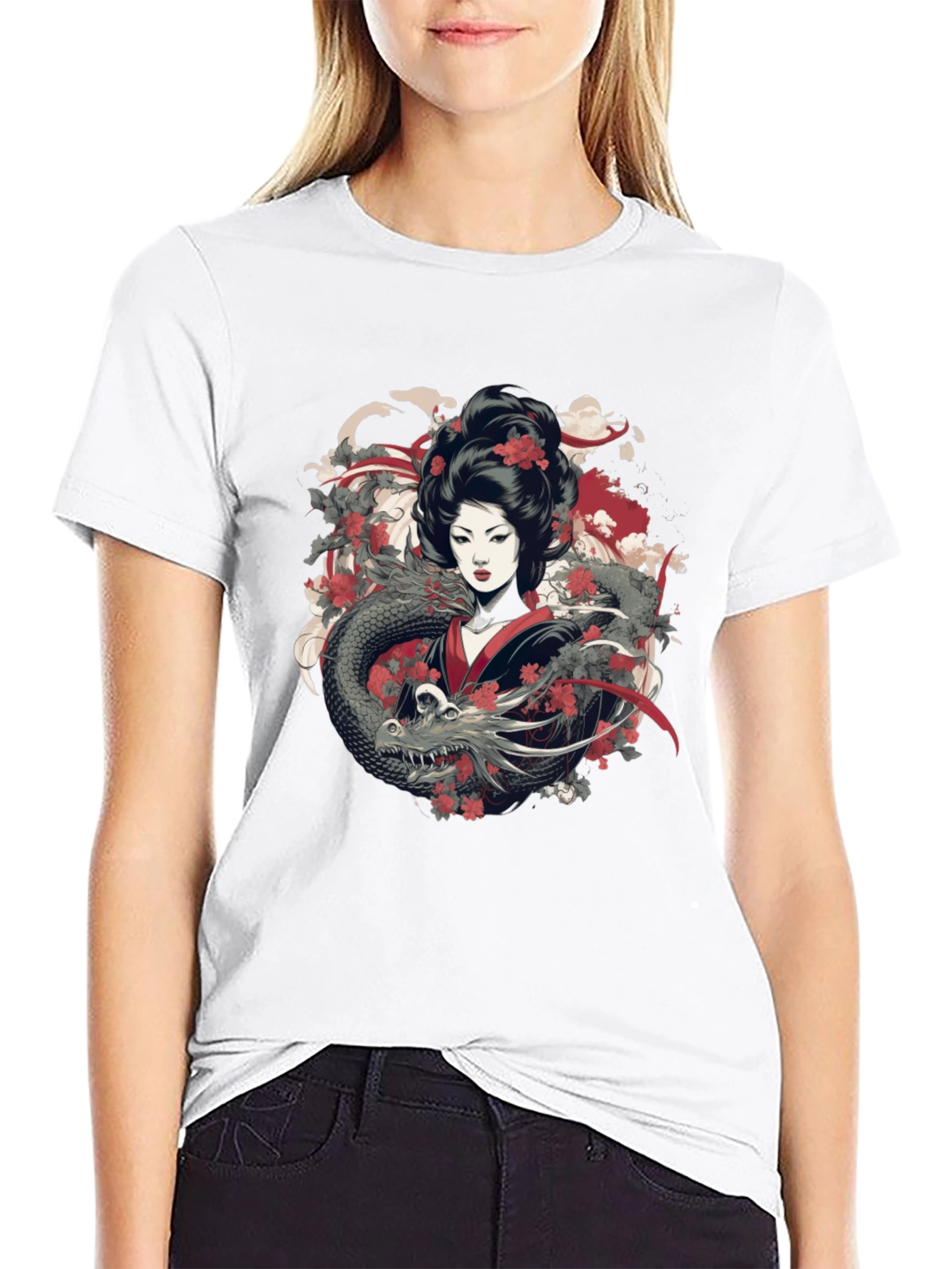 Geisha Dragon Graphic Tee - Mens Black T-Shirt