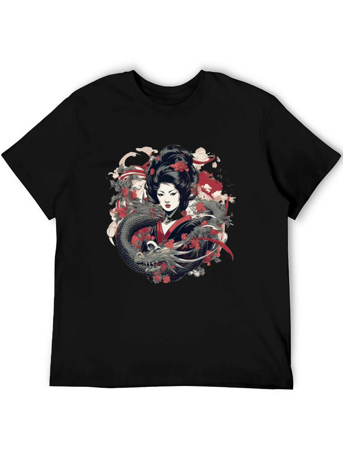 Geisha Dragon Graphic Tee - Mens Black T-Shirt