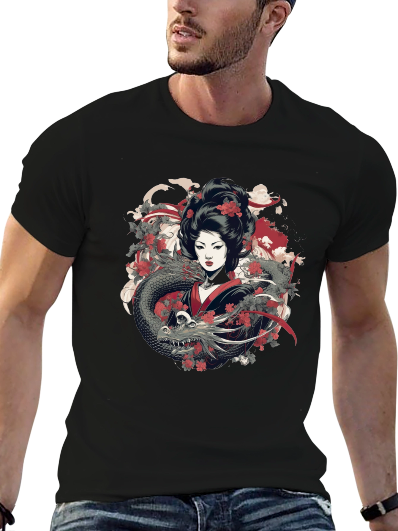 Geisha Dragon Graphic Tee - Mens Black T-Shirt