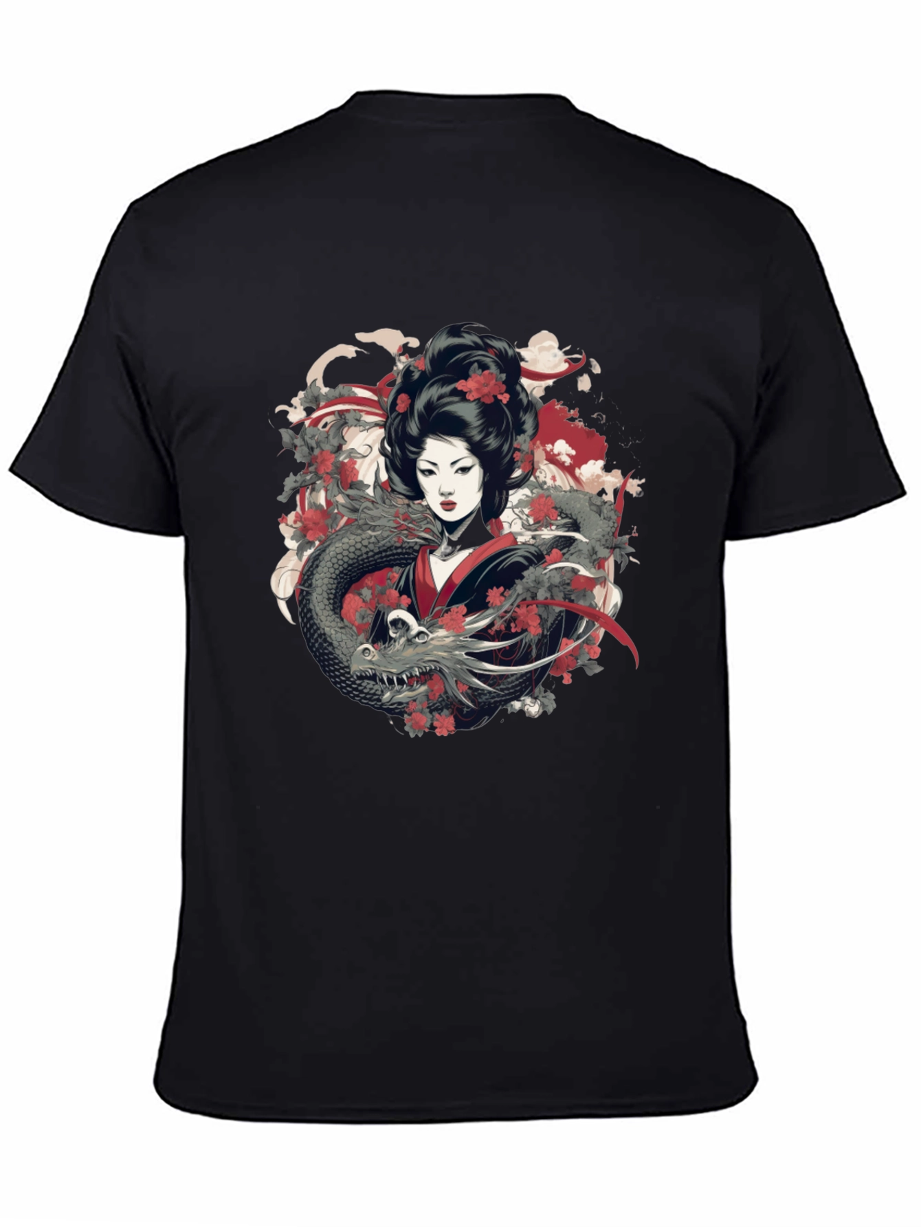 Geisha Dragon Graphic Tee - Mens Black T-Shirt