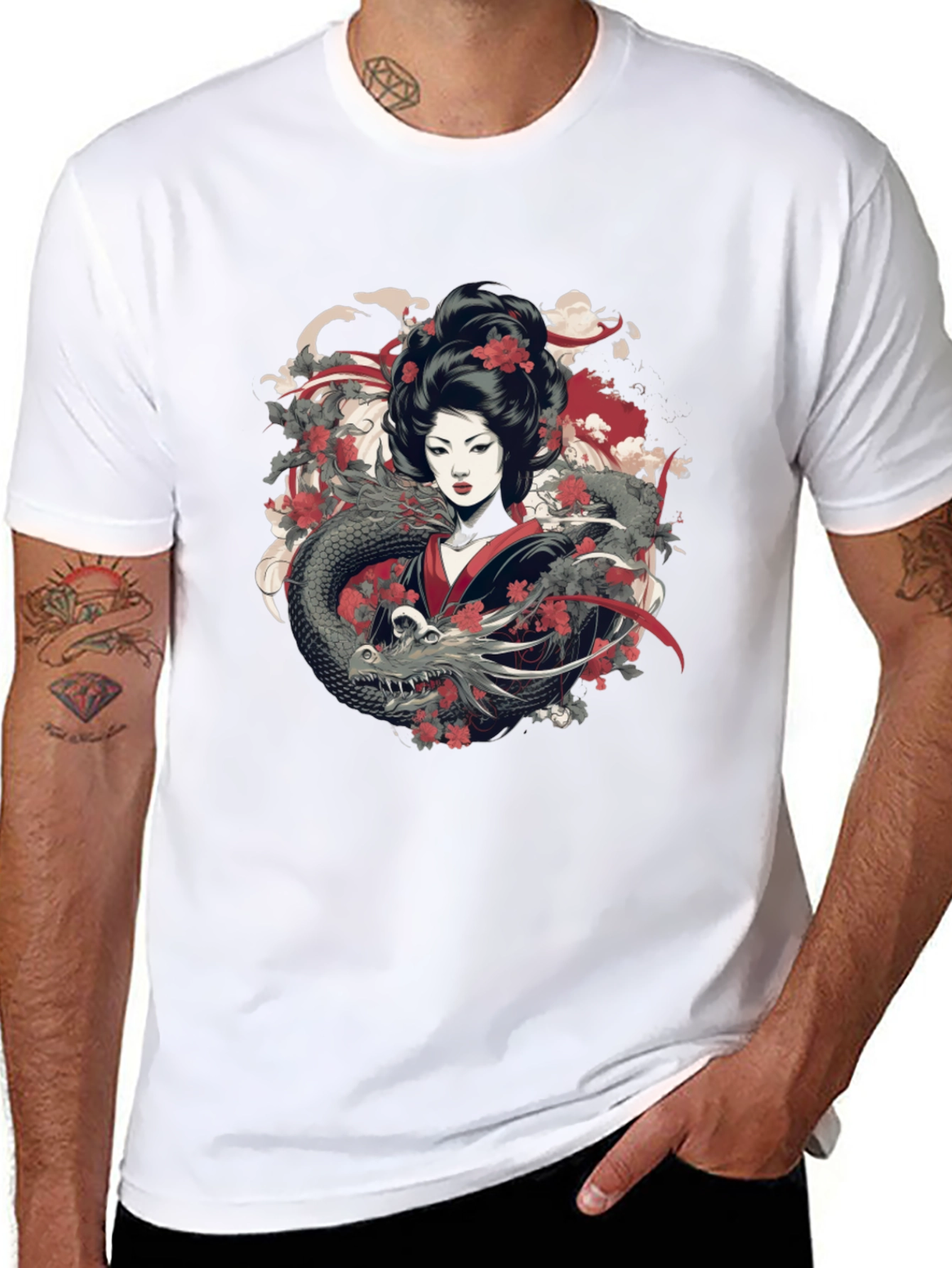 Geisha Dragon Graphic Tee - Mens Black T-Shirt
