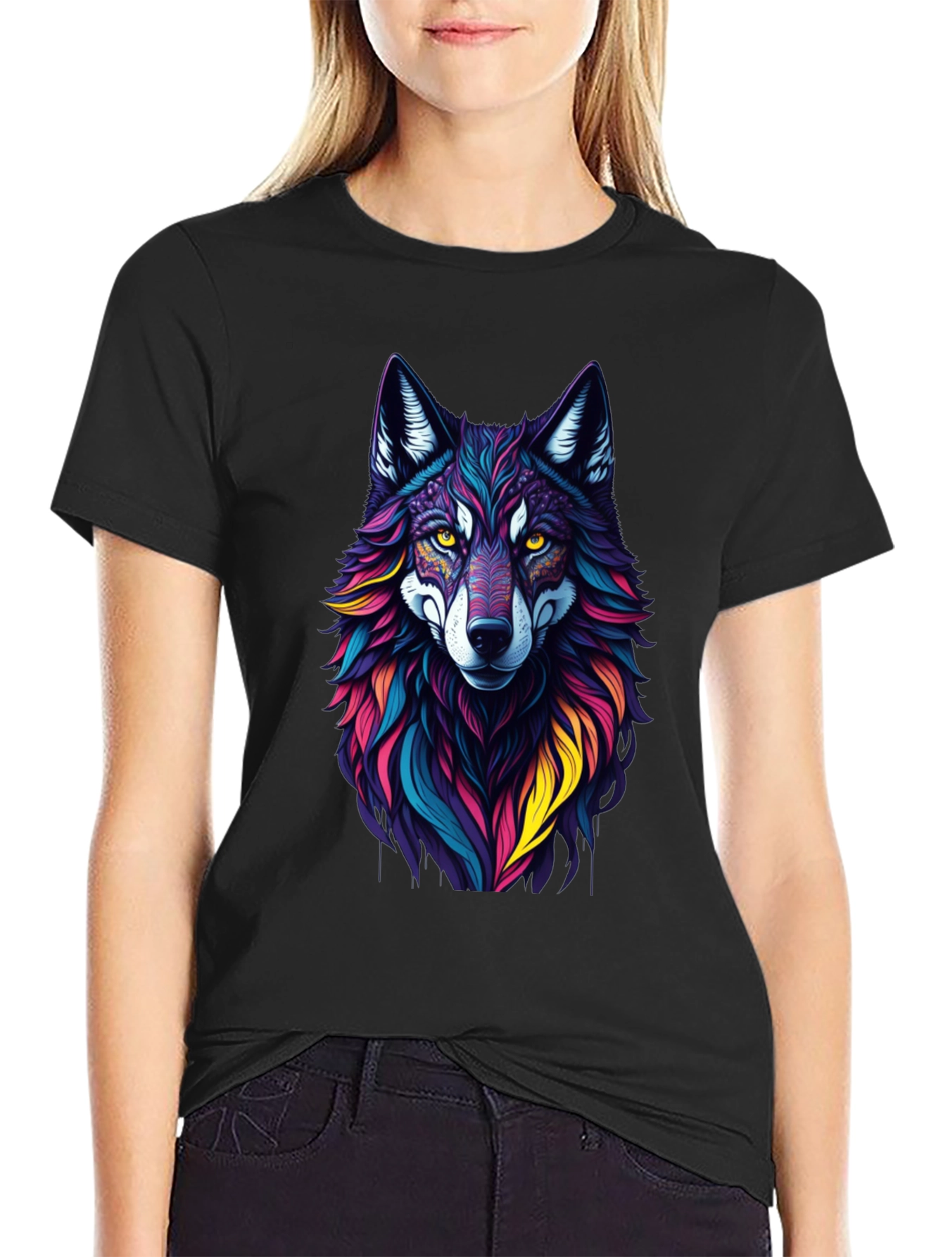 Vibrant Wolf Graphic Tee - Stylish Mens Black T-Shirt