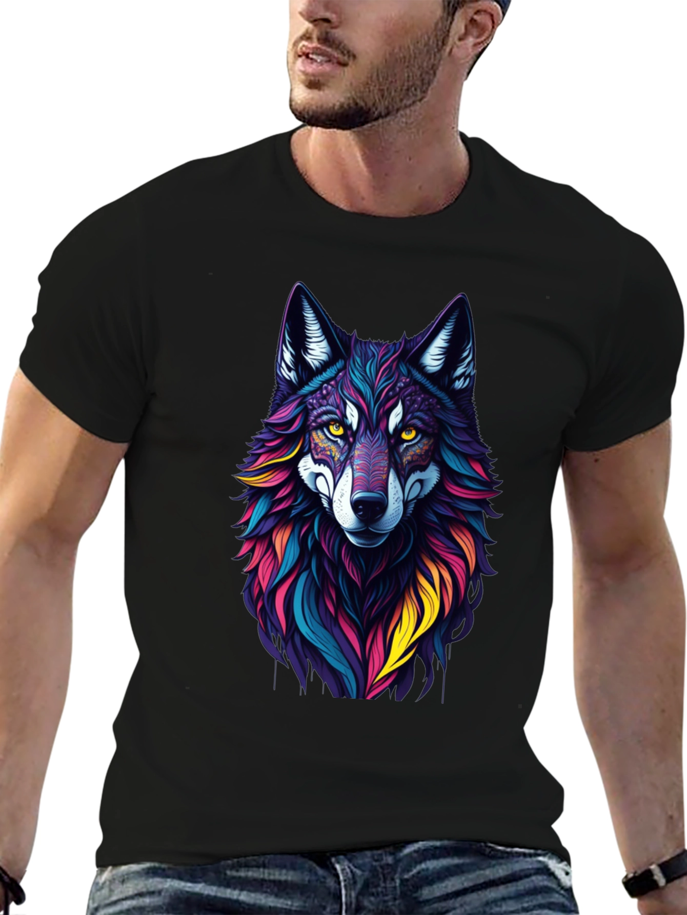 Vibrant Wolf Graphic Tee - Stylish Mens Black T-Shirt