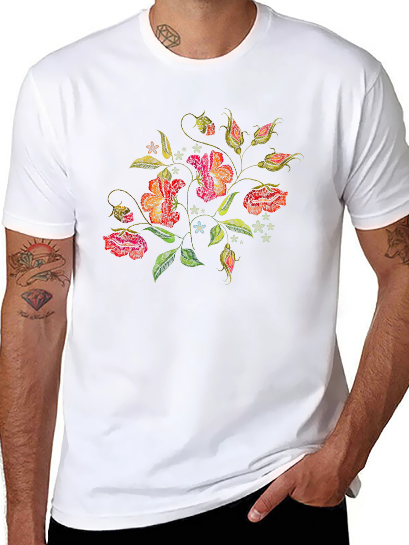 Floral Embroidered Black T-Shirt