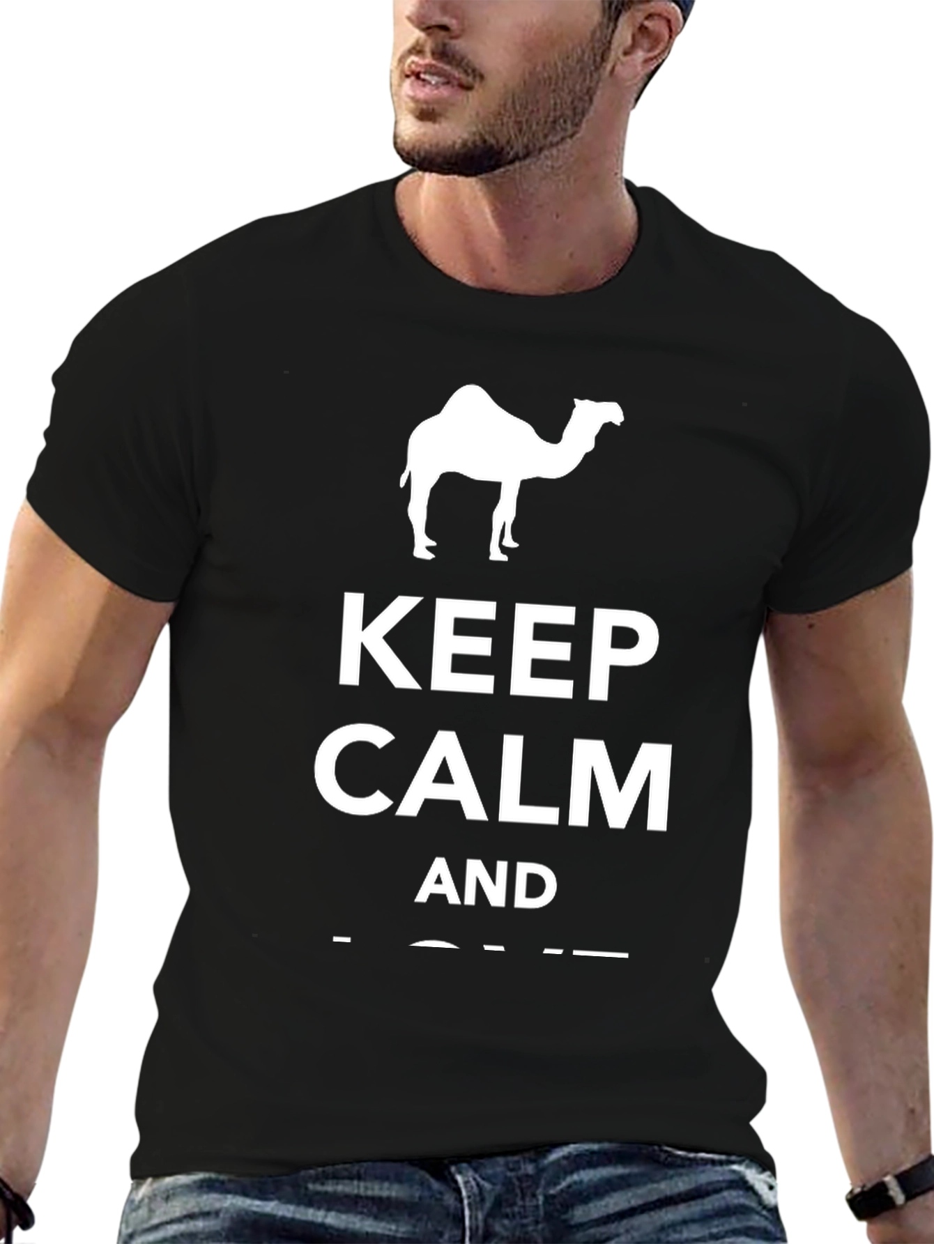 Keep Calm and Camel On Black T-Shirt