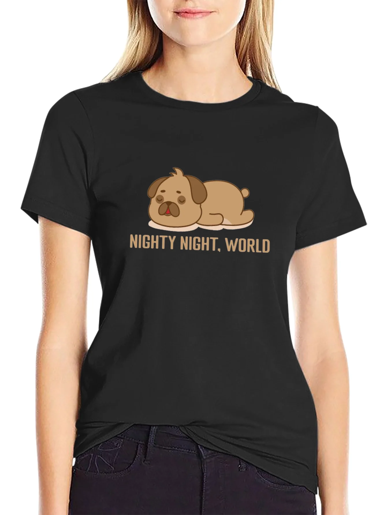 Nighty Night World Black T-Shirt with Cute Sleeping Dog Graphic