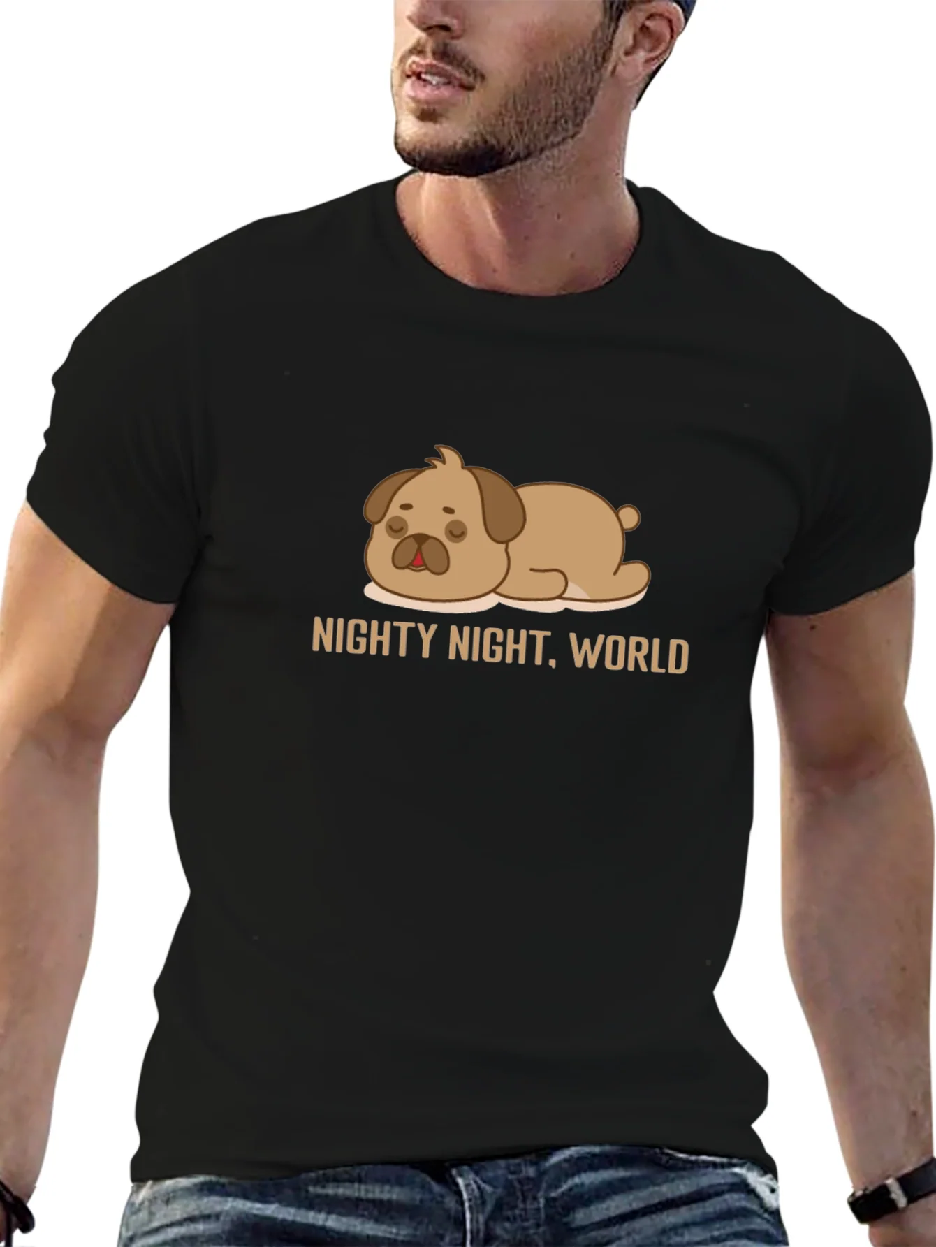 Nighty Night World Black T-Shirt with Cute Sleeping Dog Graphic