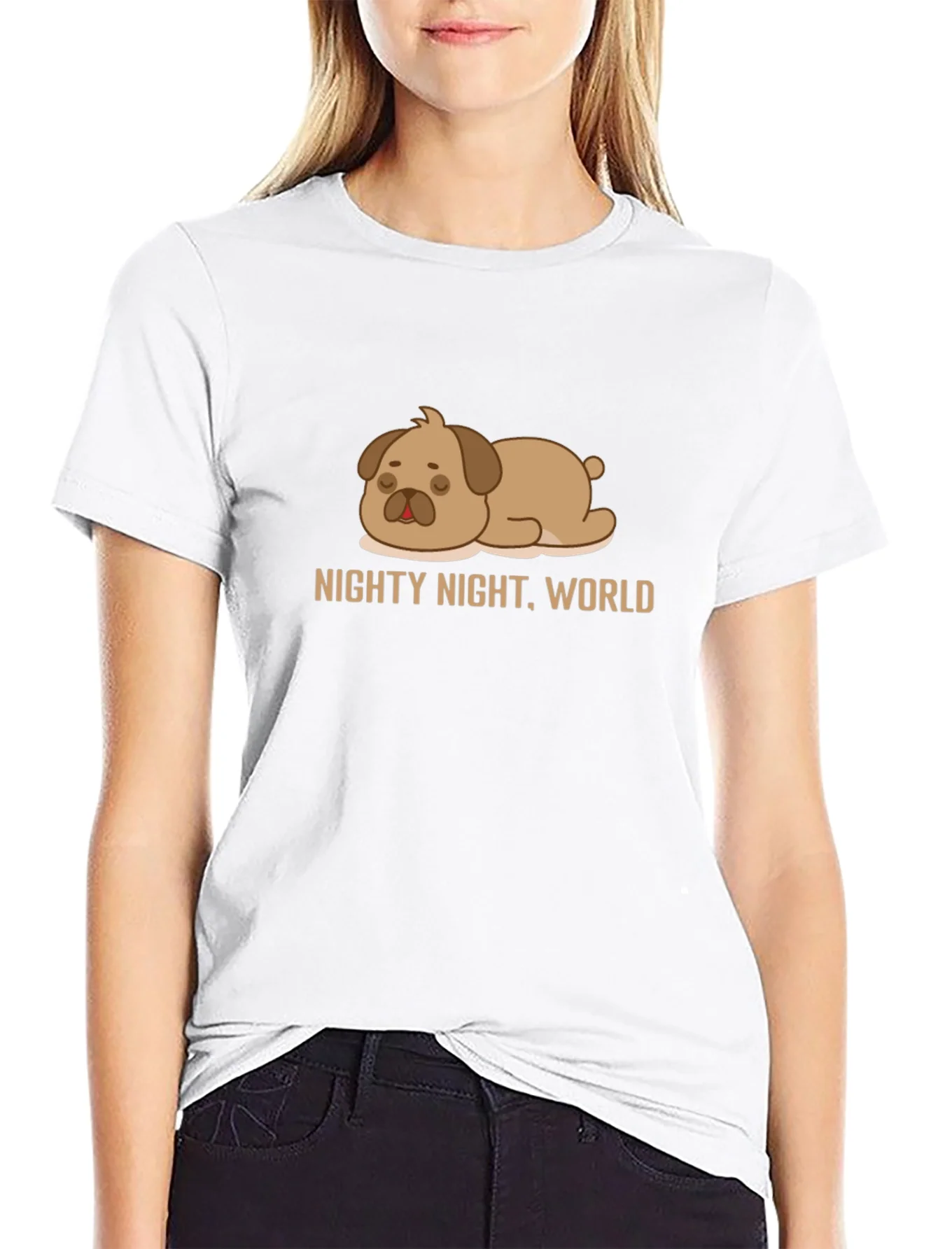 Nighty Night World Black T-Shirt with Cute Sleeping Dog Graphic