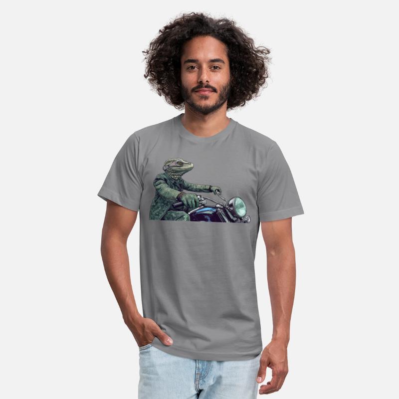 Reptile wearing green riding a Motorcycle