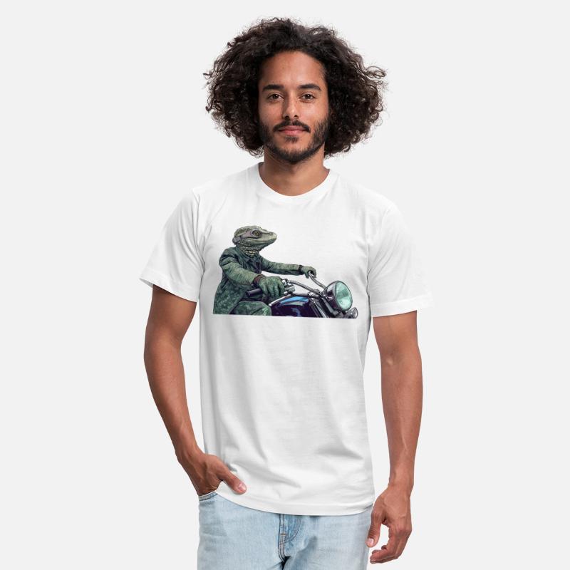 Reptile wearing green riding a Motorcycle