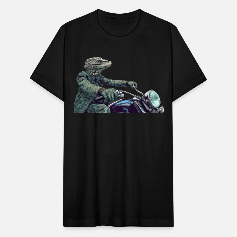 Reptile wearing green riding a Motorcycle