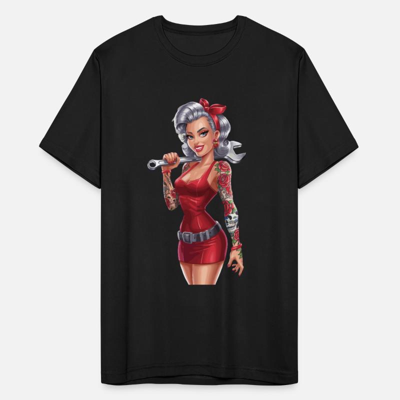 Retro Pin-Up Mechanic Woman with Tattoos and