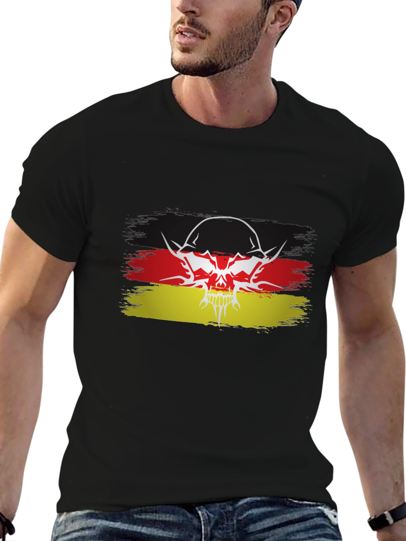 German Flag Skull Graphic Black T-Shirt