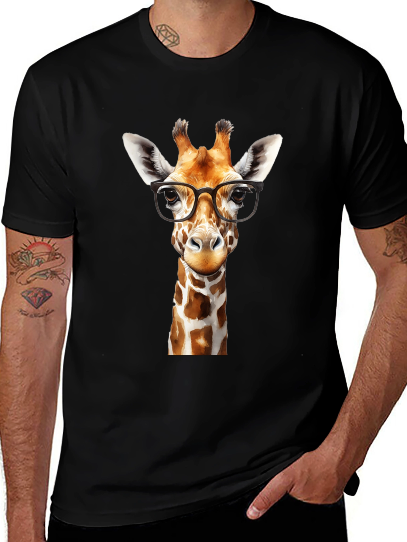Giraffe with Glasses Black Graphic Tee