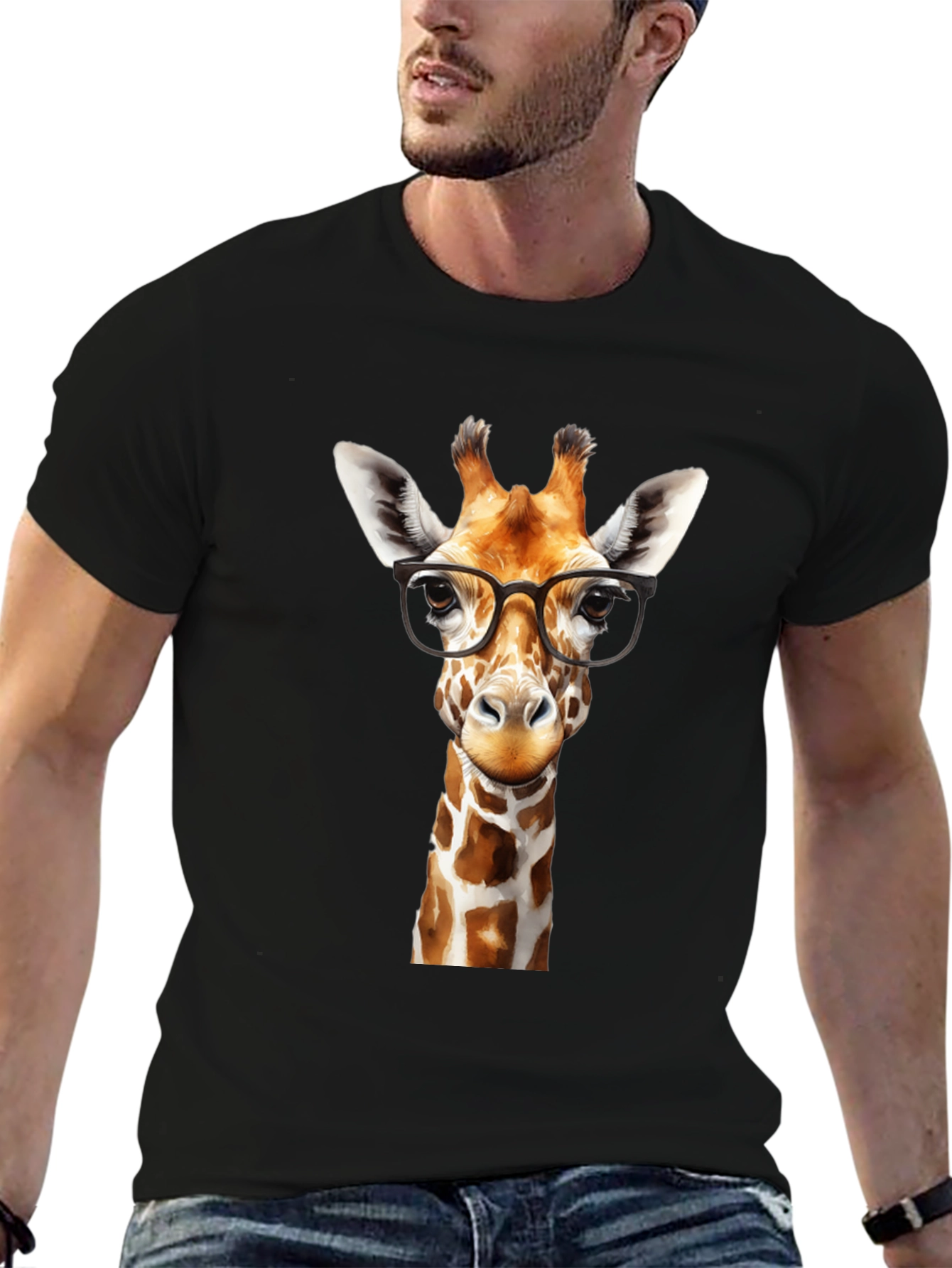 Giraffe with Glasses Black Graphic Tee